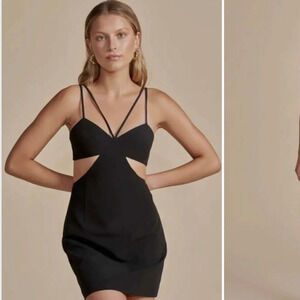 NICHOLAS  Black fit & flare cocktail dress, zipper front, asymmetrical hem